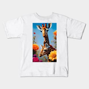 Colorful Floral Giraffe Flower Artwork Kids T-Shirt